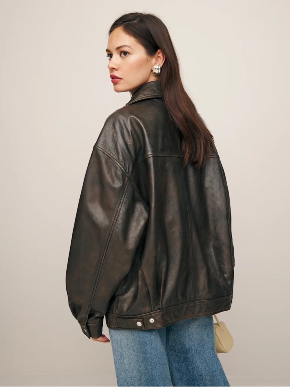 Reformation Veda Marco Leather Oversized Bomber Pit Stop Brown Jacket - Picture 6 of 16